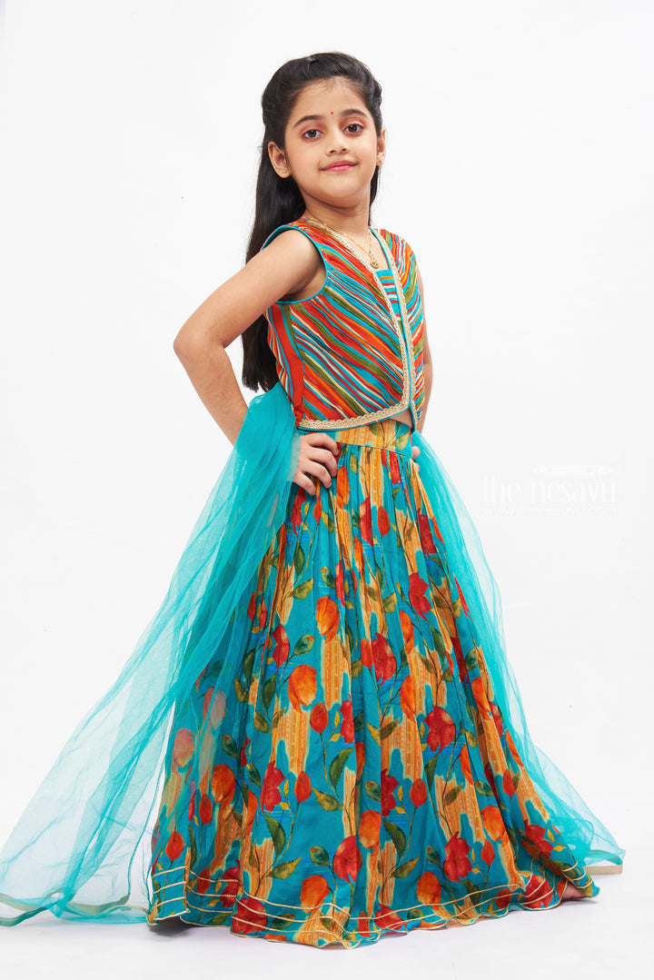 The Nesavu Girls Lehenga Choli Vibrant Blossom Lehenga Set for Girls with Striped Choli Nesavu Floral Print Girls Lehenga with Striped Choli | Festive Kids Wear Collection | The Nesavu