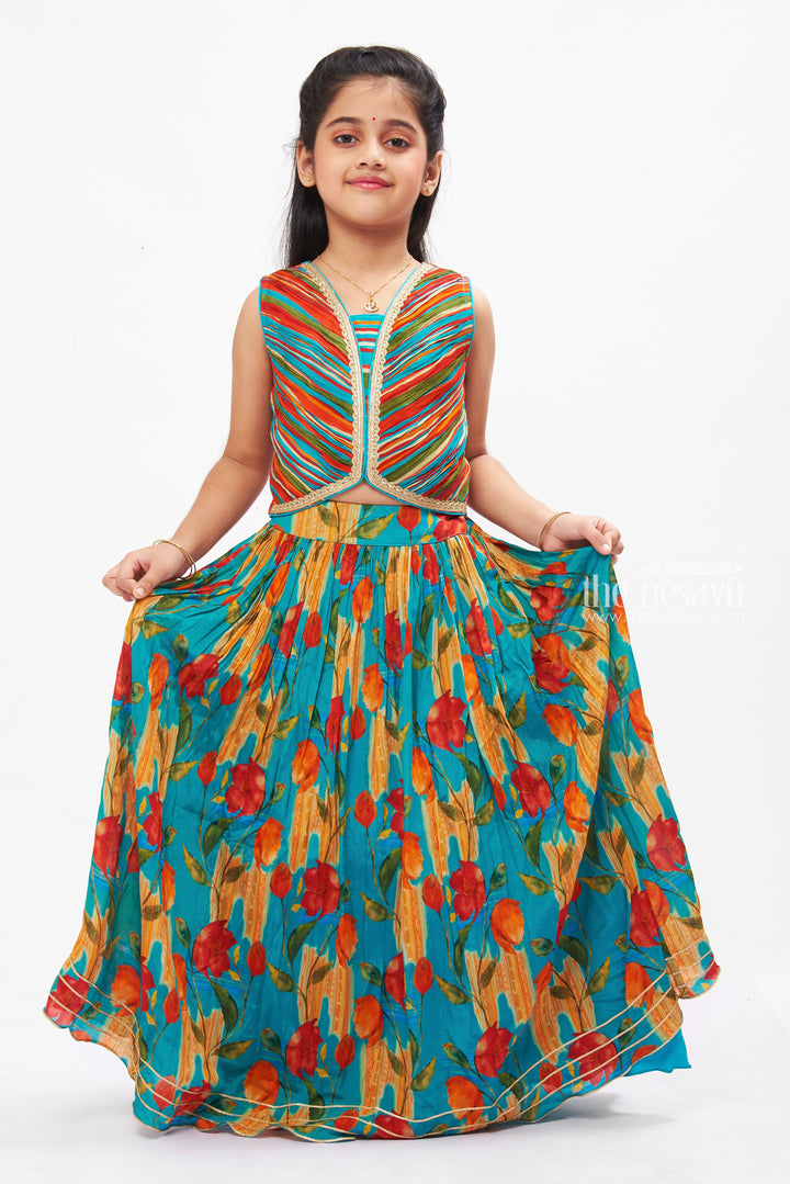 The Nesavu Girls Lehenga Choli Vibrant Blossom Lehenga Set for Girls with Striped Choli Nesavu Floral Print Girls Lehenga with Striped Choli | Festive Kids Wear Collection | The Nesavu