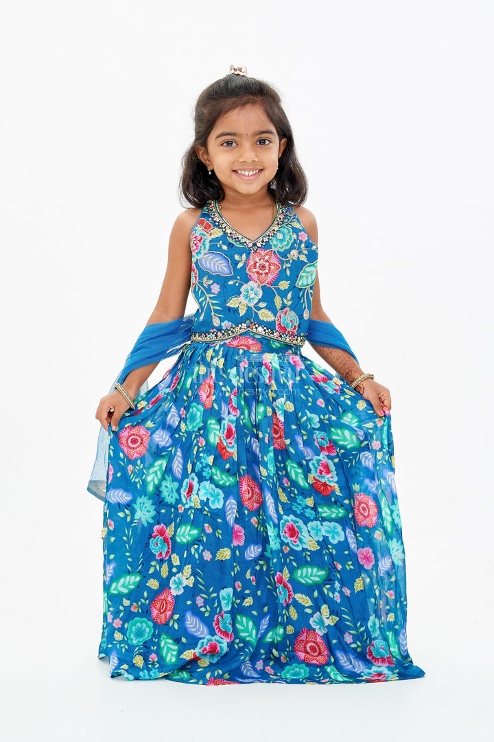 The Nesavu Girls Lehenga Choli Vibrant Blue and Pink Lehenga for Girls with Chinon Digital Printed Silk and Mirror Work Nesavu 16 (1Y) / Blue GL593A-16 Vibrant Blue Pink Lehenga Girls Chinon Digital Printed Silk Mirror Work | The Nesavu