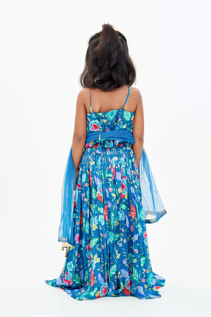 The Nesavu Girls Lehenga Choli Vibrant Blue and Pink Lehenga for Girls with Chinon Digital Printed Silk and Mirror Work Nesavu Nesavu Vibrant Blue Pink Lehenga Girls Chinon Digital Printed Silk Mirror Work
