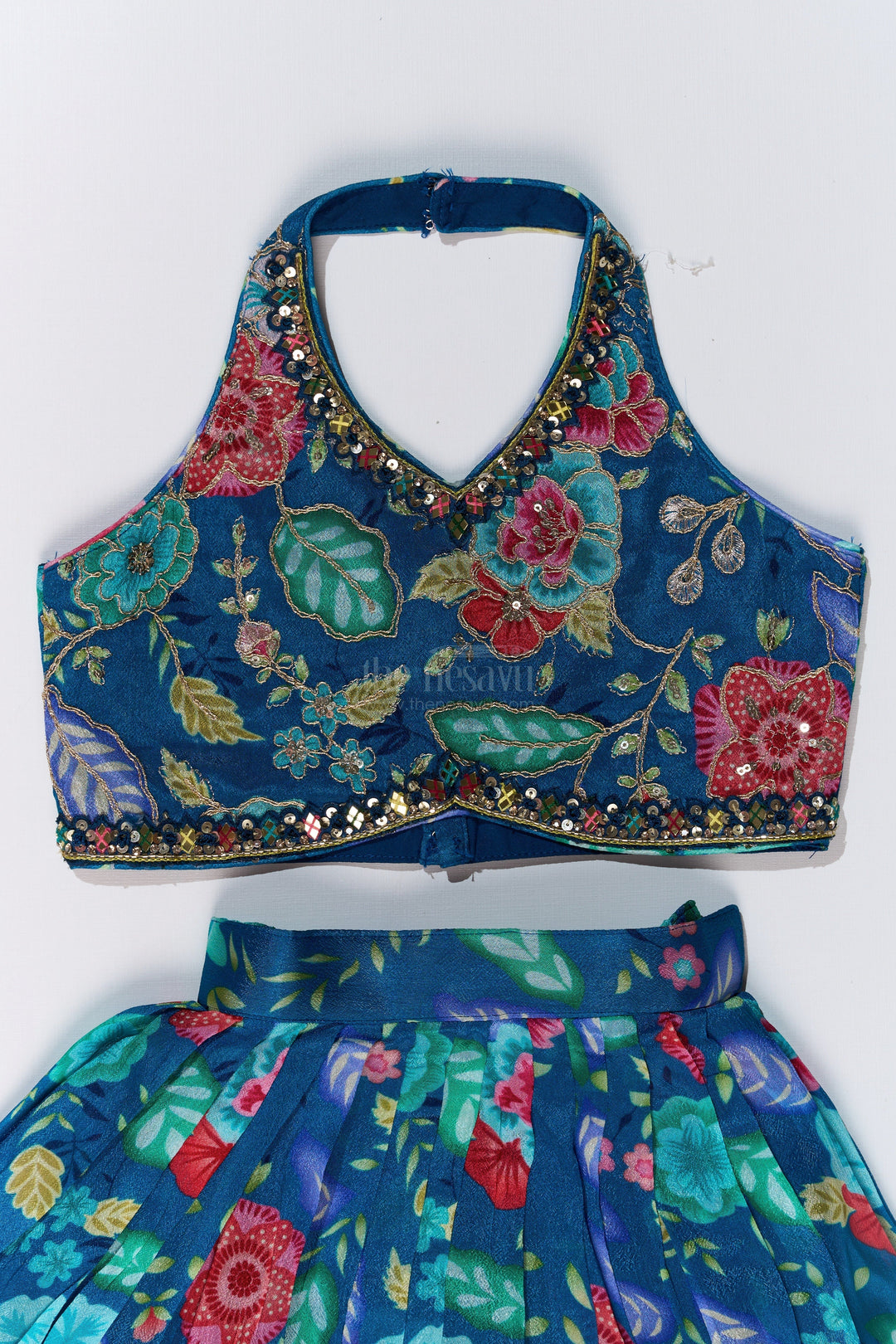 The Nesavu Girls Lehenga Choli Vibrant Blue and Pink Lehenga for Girls with Chinon Digital Printed Silk and Mirror Work Nesavu Vibrant Blue Pink Lehenga Girls Chinon Digital Printed Silk Mirror Work | The Nesavu