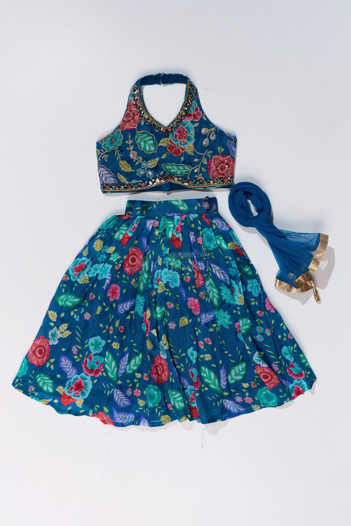 The Nesavu Girls Lehenga Choli Vibrant Blue and Pink Lehenga for Girls with Chinon Digital Printed Silk and Mirror Work Nesavu Vibrant Blue Pink Lehenga Girls Chinon Digital Printed Silk Mirror Work | The Nesavu