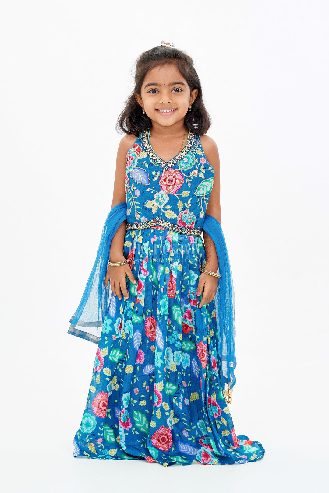 The Nesavu Girls Lehenga Choli Vibrant Blue and Pink Lehenga for Girls with Chinon Digital Printed Silk and Mirror Work Nesavu Vibrant Blue Pink Lehenga Girls Chinon Digital Printed Silk Mirror Work | The Nesavu