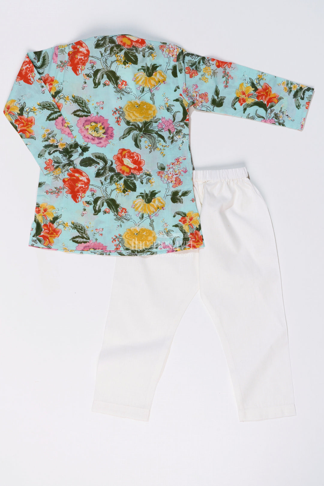 The Nesavu Boys Kurtha Set Vibrant Boys Cotton Kurta Set with Floral Digital Print for Festive Elegance Nesavu Boys Cotton Kurta Set Floral Digital Print White Pants Traditional Wear | The Nesavu