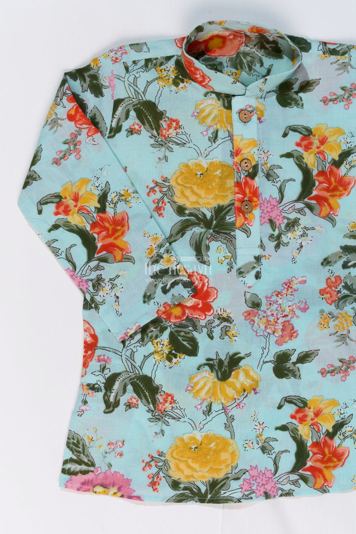 The Nesavu Boys Kurtha Set Vibrant Boys Cotton Kurta Set with Floral Digital Print for Festive Elegance Nesavu Boys Cotton Kurta Set Floral Digital Print White Pants Traditional Wear | The Nesavu