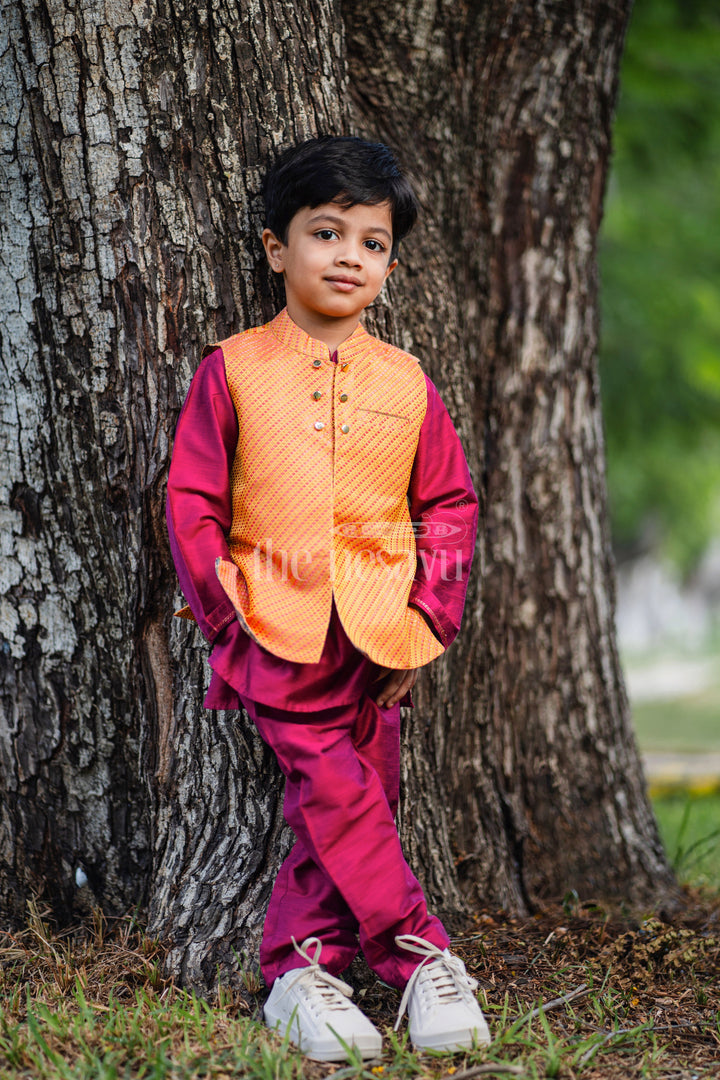 The Nesavu Boys Jacket Sets Vibrant Boys Kurta Pajama Set with Contrasting Jacket Nesavu 14 (6M) / Purple / Blend Silk BES519B-14 Boys Modern Kurta Pajama with Jacket Set | Stylish Ethnic Ensemble | The Nesavu