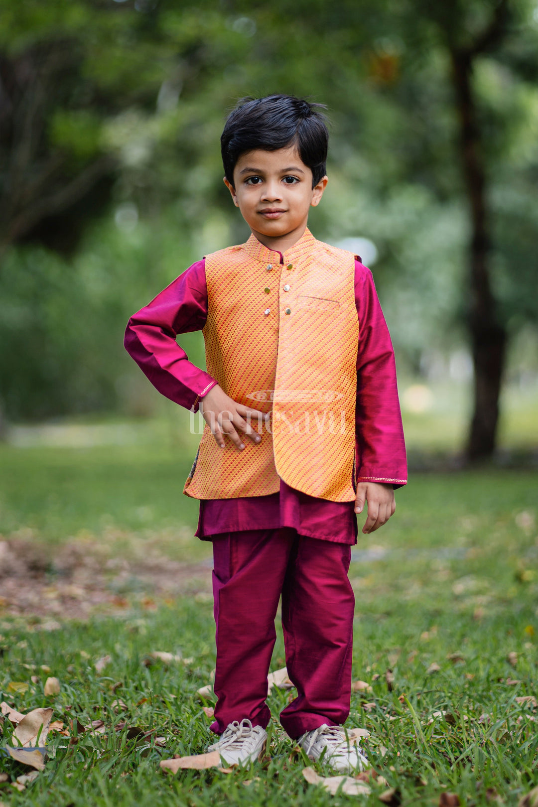 The Nesavu Boys Jacket Sets Vibrant Boys Kurta Pajama Set with Contrasting Jacket Nesavu Boys Modern Kurta Pajama with Jacket Set | Stylish Ethnic Ensemble | The Nesavu