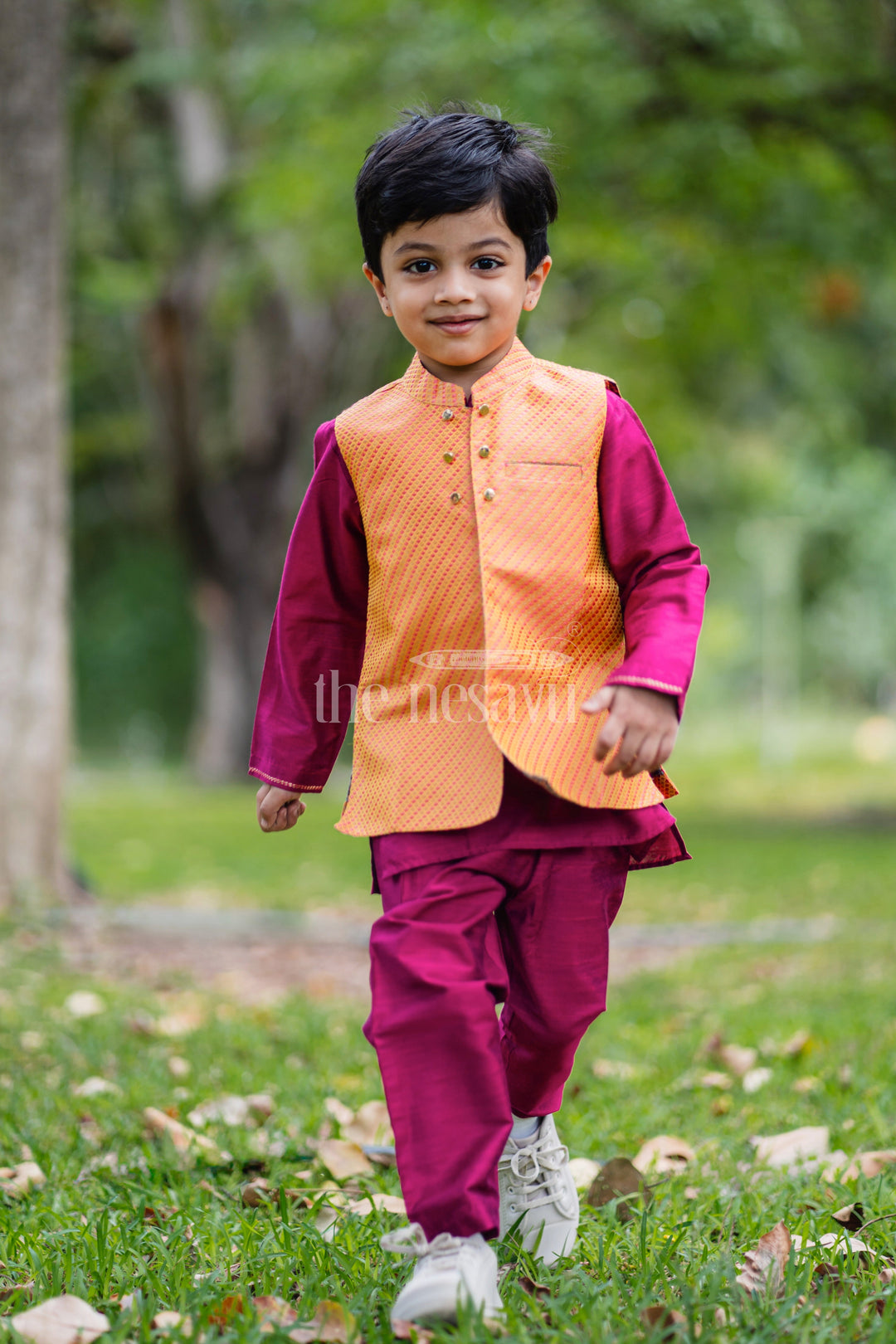 The Nesavu Boys Jacket Sets Vibrant Boys Kurta Pajama Set with Contrasting Jacket Nesavu Boys Modern Kurta Pajama with Jacket Set | Stylish Ethnic Ensemble | The Nesavu