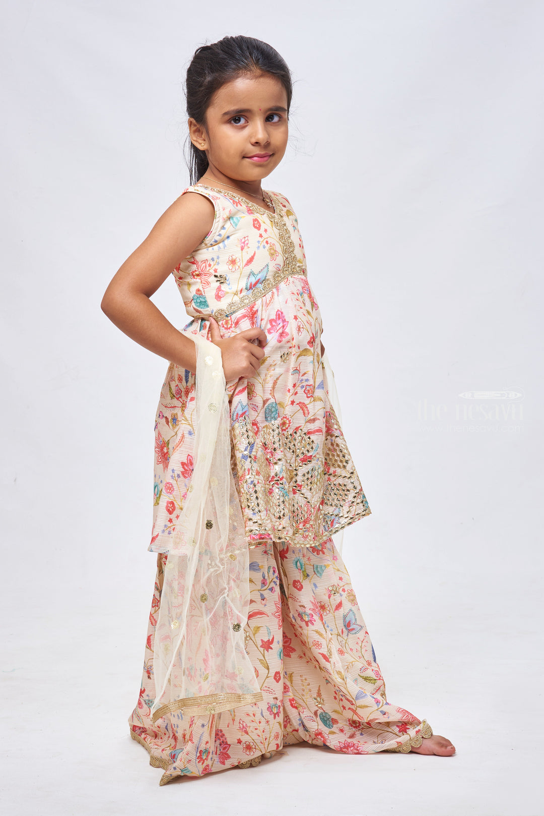 The Nesavu Girls Sharara / Plazo Set Vibrant Floral & Mirror Embroidered Yellow Kurti with Stylish Gharara for Girls. Nesavu Festive Flair: Girls Sequined Kurti with Gharara | Celebration Wear | The Nesavu