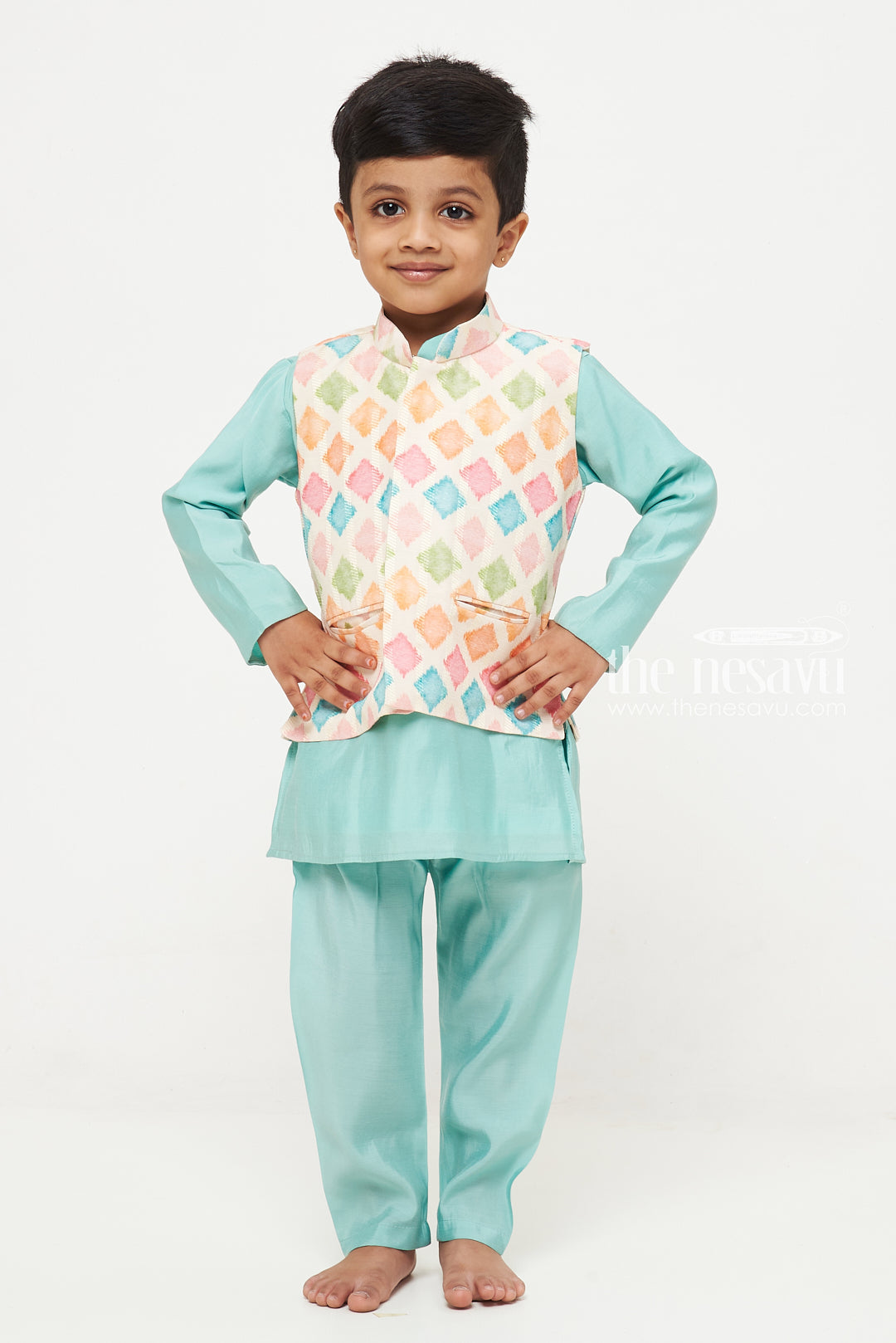 The Nesavu Boys Jacket Sets Vibrant Geometric Boys Kurta with Jacket and Pant Set Nesavu Boys Ethnic Jacket Set with Geometric Patterns | Colorful Traditional Wear for Kids | The Nesavu