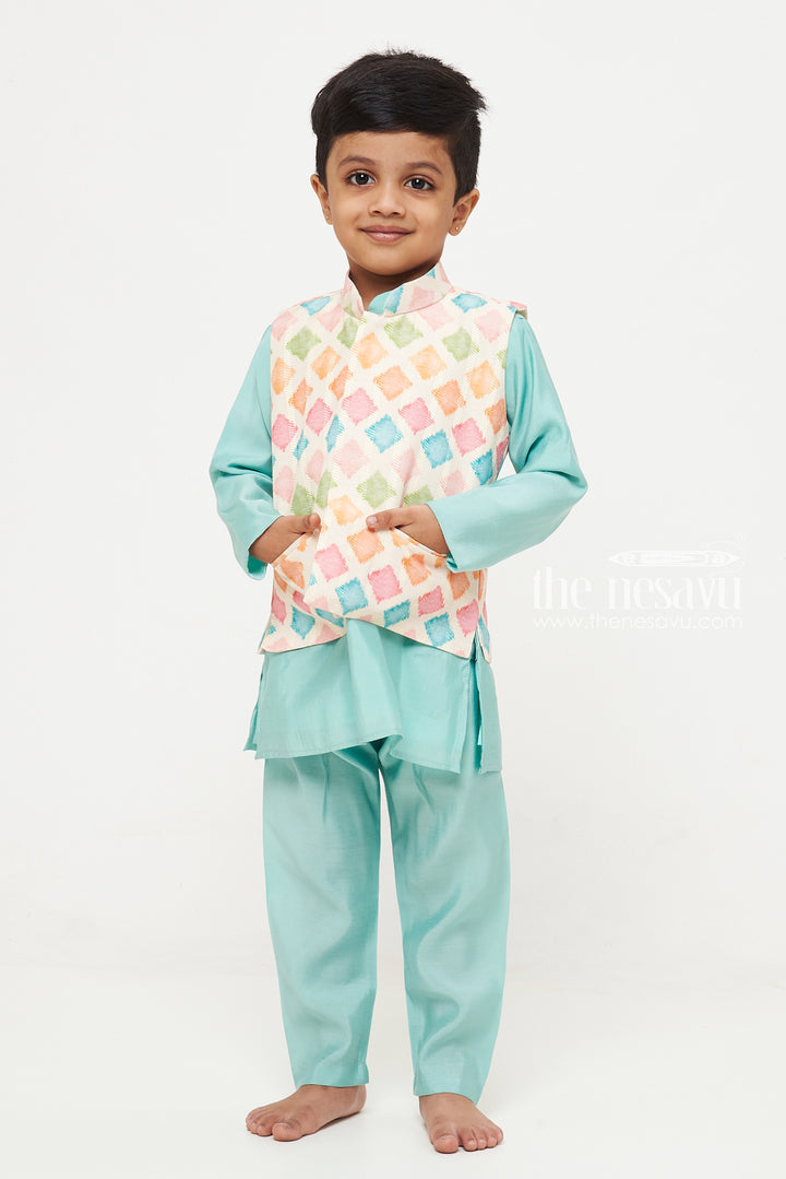 The Nesavu Boys Jacket Sets Vibrant Geometric Boys Kurta with Jacket and Pant Set Nesavu Boys Ethnic Jacket Set with Geometric Patterns | Colorful Traditional Wear for Kids | The Nesavu