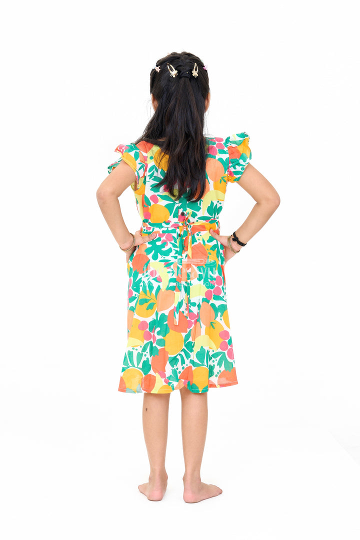 The Nesavu Girls Cotton Frock Vibrant Girls Cotton Ki Gown with Bold Fruit Print and Flutter Sleeves Nesavu Girls Cotton Ki Gown Bright Fruit Print A-Line Design Flutter Sleeves | The Nesavu