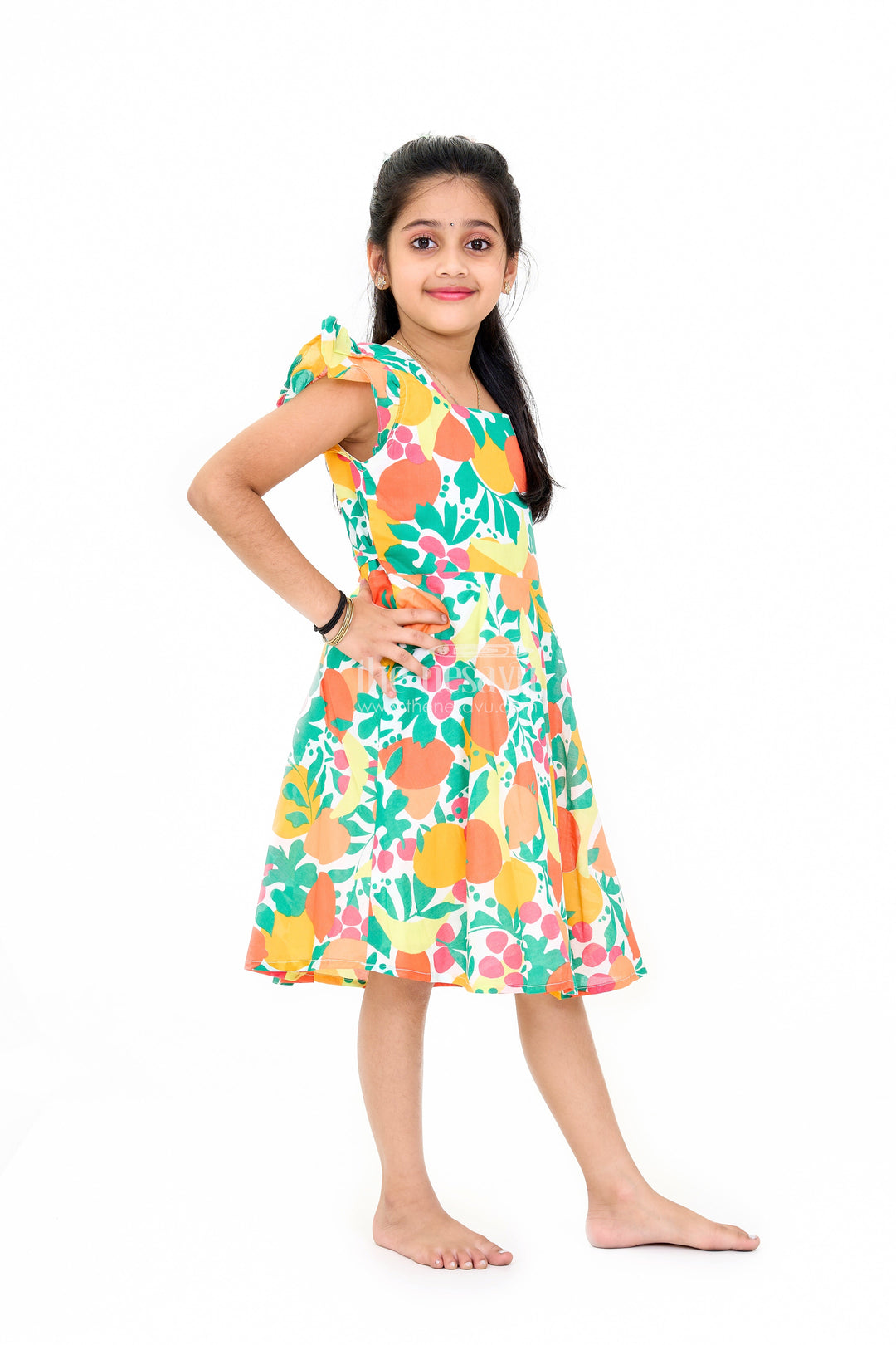 The Nesavu Girls Cotton Frock Vibrant Girls Cotton Ki Gown with Bold Fruit Print and Flutter Sleeves Nesavu Girls Cotton Ki Gown Bright Fruit Print A-Line Design Flutter Sleeves | The Nesavu