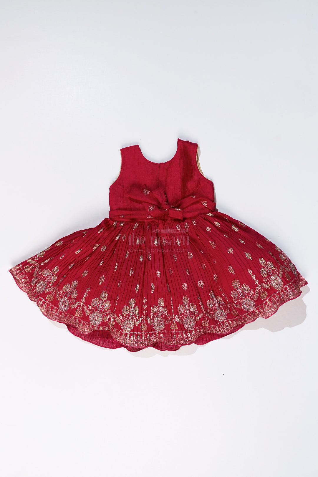 The Nesavu Silk Frock Vibrant Girls Red Silk Dress with Gold Foil Prints and Traditional Embroidery Nesavu Girls Red Silk Dress Gold Foil Prints Embroidered Yoke Festive Wear | The Nesavu