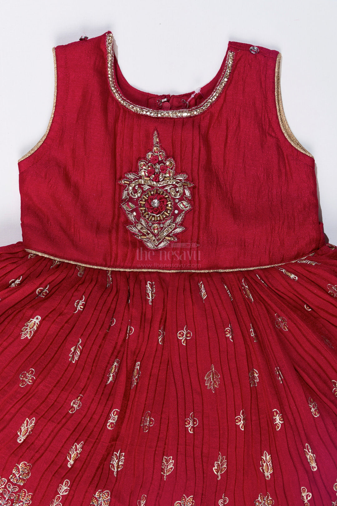 The Nesavu Silk Frock Vibrant Girls Red Silk Dress with Gold Foil Prints and Traditional Embroidery Nesavu Girls Red Silk Dress Gold Foil Prints Embroidered Yoke Festive Wear | The Nesavu