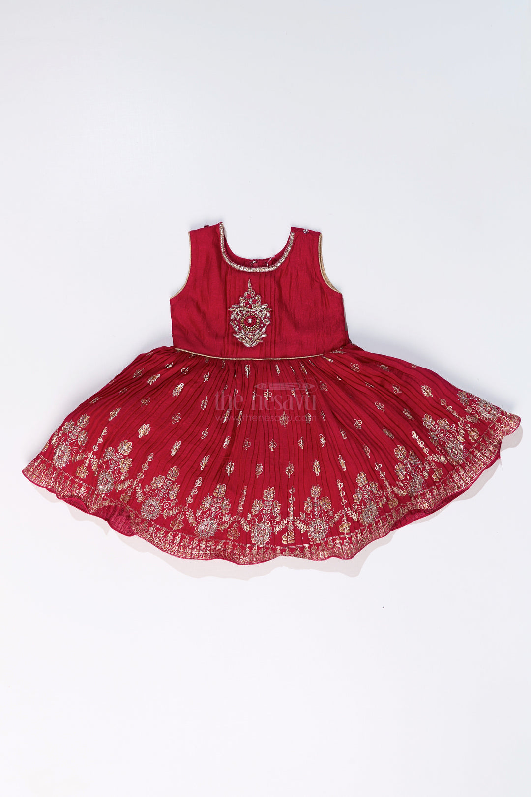 The Nesavu Silk Frock Vibrant Girls Red Silk Dress with Gold Foil Prints and Traditional Embroidery Nesavu Girls Red Silk Dress Gold Foil Prints Embroidered Yoke Festive Wear | The Nesavu