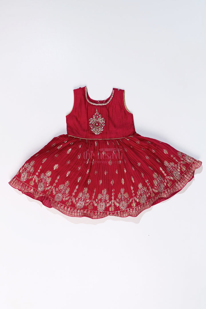 The Nesavu Silk Frock Vibrant Girls Red Silk Dress with Gold Foil Prints and Traditional Embroidery Nesavu Girls Red Silk Dress Gold Foil Prints Embroidered Yoke Festive Wear | The Nesavu