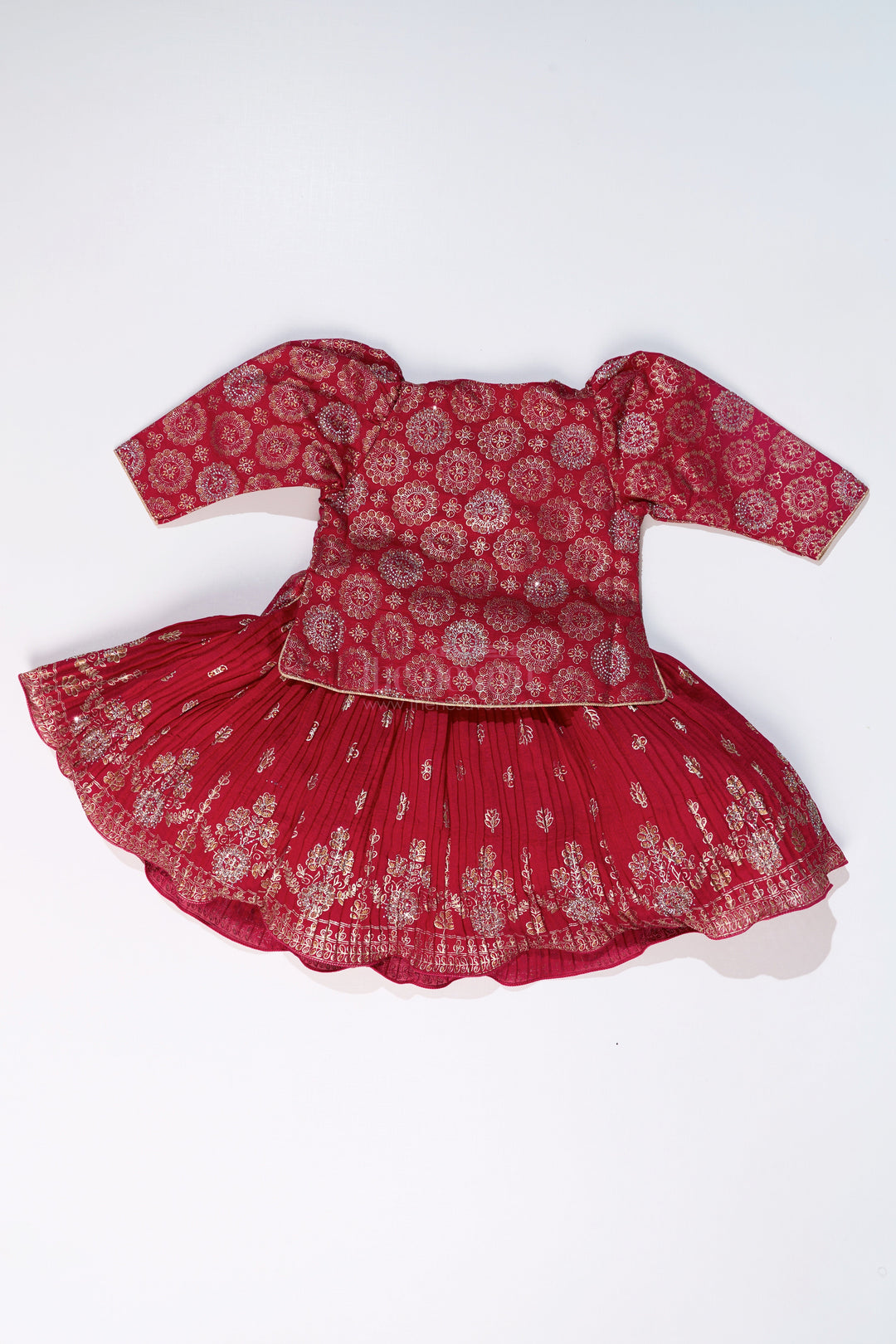 The Nesavu Silk Frock Vibrant Girls Red Silk Dress with Gold Foil Prints and Traditional Embroidery Nesavu Girls Red Silk Dress Gold Foil Prints Embroidered Yoke Festive Wear | The Nesavu