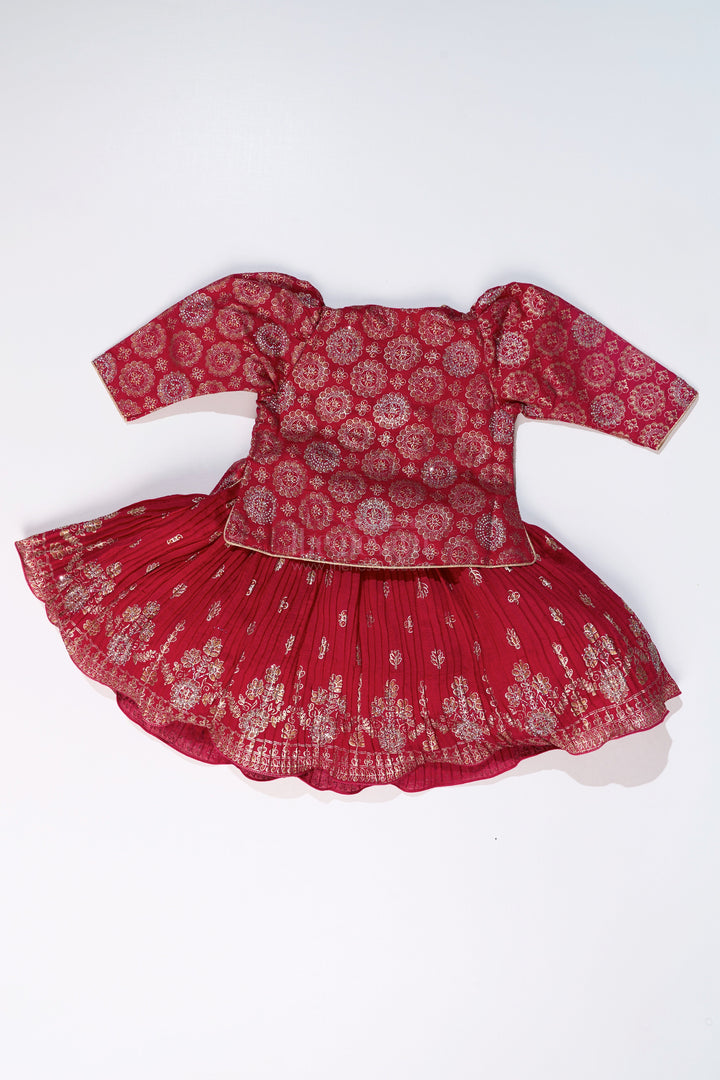 The Nesavu Silk Frock Vibrant Girls Red Silk Dress with Gold Foil Prints and Traditional Embroidery Nesavu Girls Red Silk Dress Gold Foil Prints Embroidered Yoke Festive Wear | The Nesavu