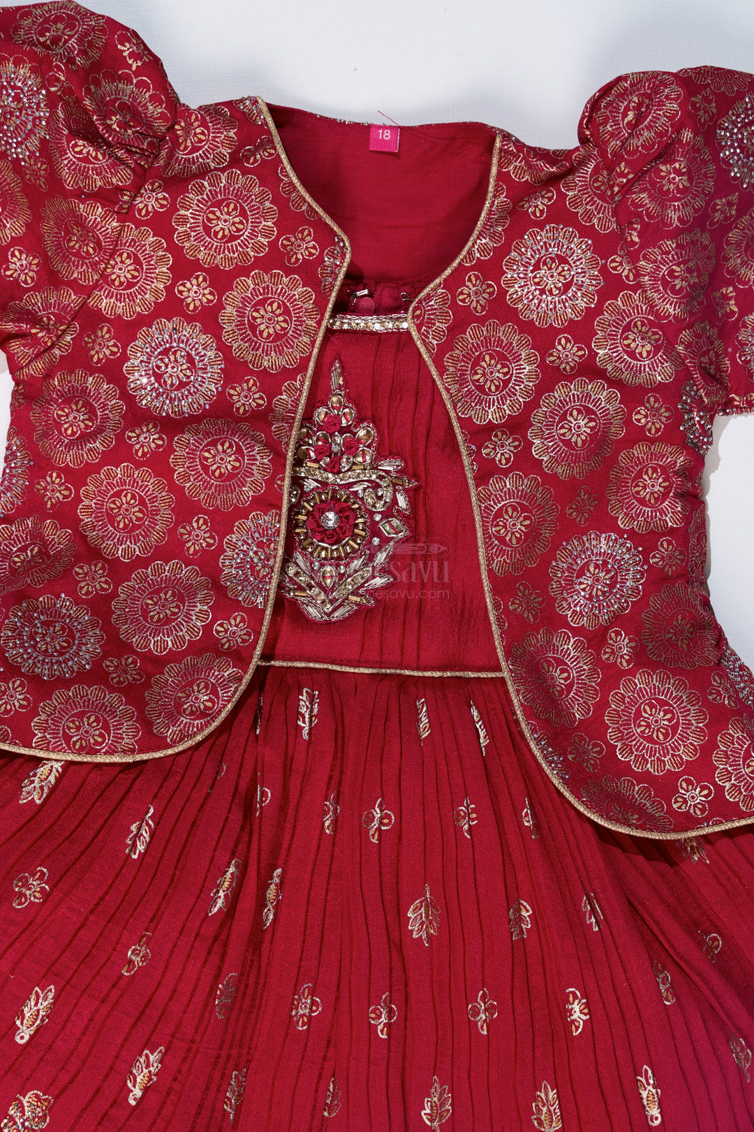 The Nesavu Silk Frock Vibrant Girls Red Silk Dress with Gold Foil Prints and Traditional Embroidery Nesavu Girls Red Silk Dress Gold Foil Prints Embroidered Yoke Festive Wear | The Nesavu