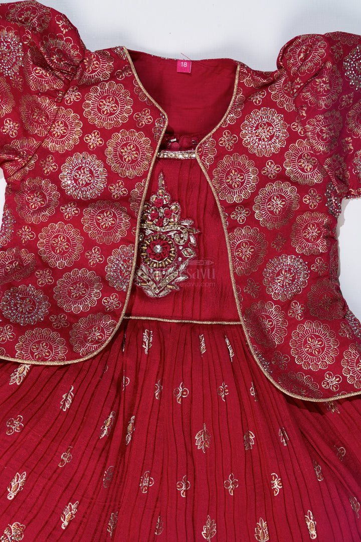The Nesavu Silk Frock Vibrant Girls Red Silk Dress with Gold Foil Prints and Traditional Embroidery Nesavu Girls Red Silk Dress Gold Foil Prints Embroidered Yoke Festive Wear | The Nesavu