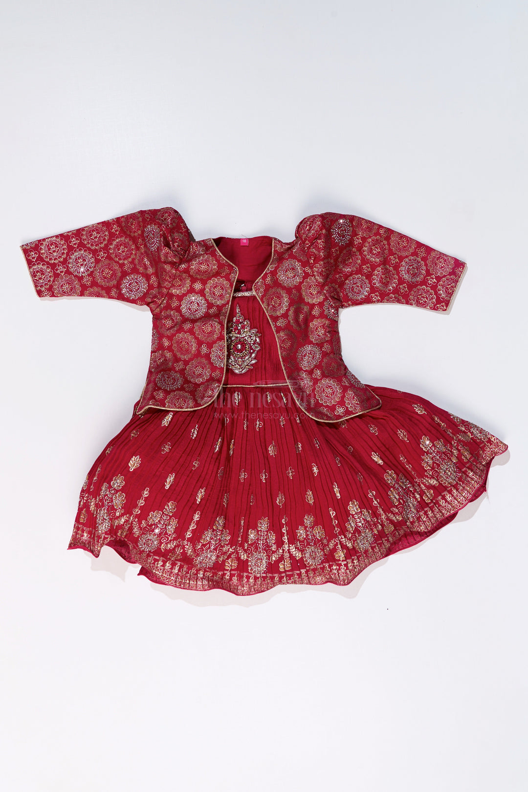 The Nesavu Silk Frock Vibrant Girls Red Silk Dress with Gold Foil Prints and Traditional Embroidery Nesavu Girls Red Silk Dress Gold Foil Prints Embroidered Yoke Festive Wear | The Nesavu
