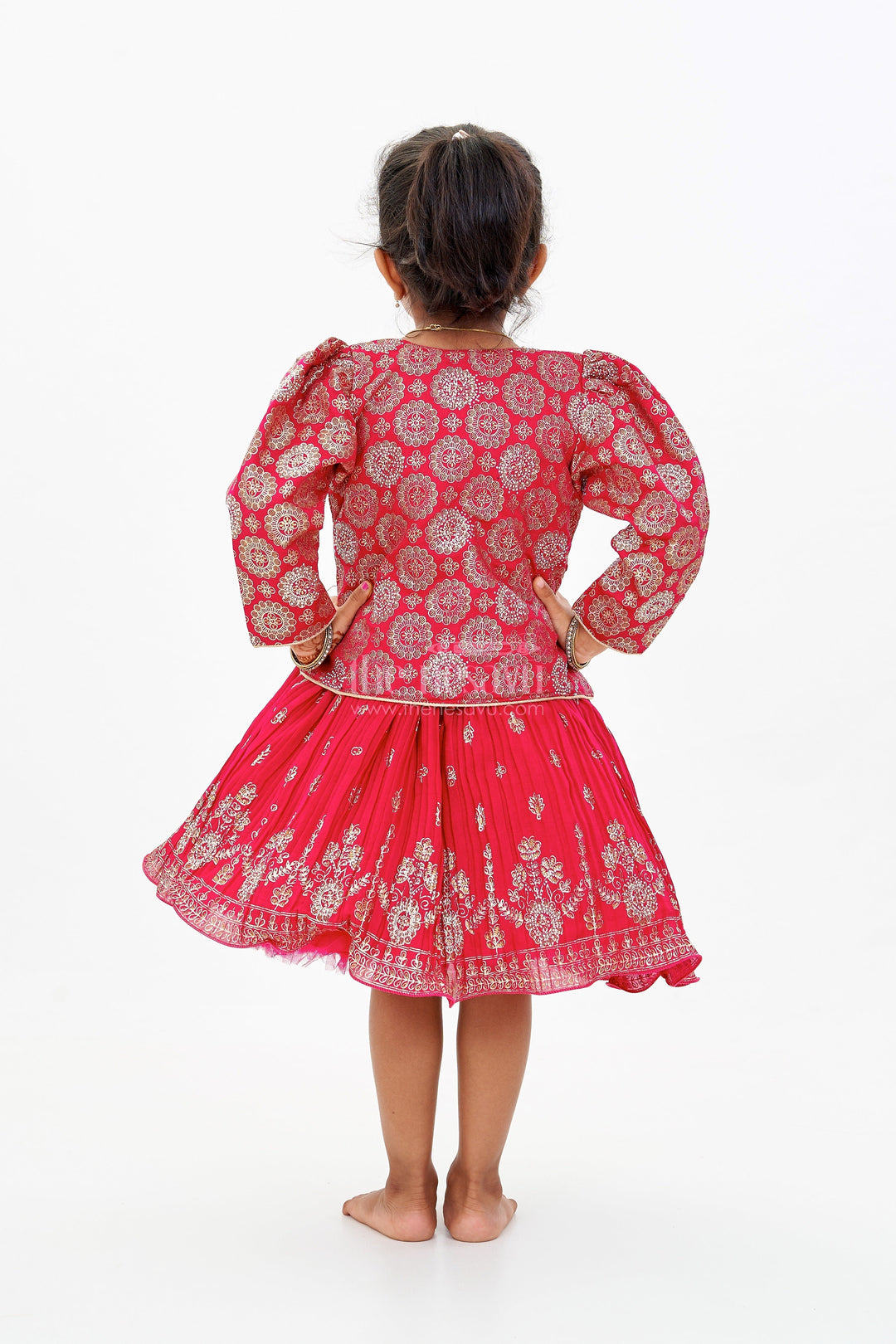 The Nesavu Silk Frock Vibrant Girls Red Silk Dress with Gold Foil Prints and Traditional Embroidery Nesavu Girls Red Silk Dress Gold Foil Prints Embroidered Yoke Festive Wear | The Nesavu