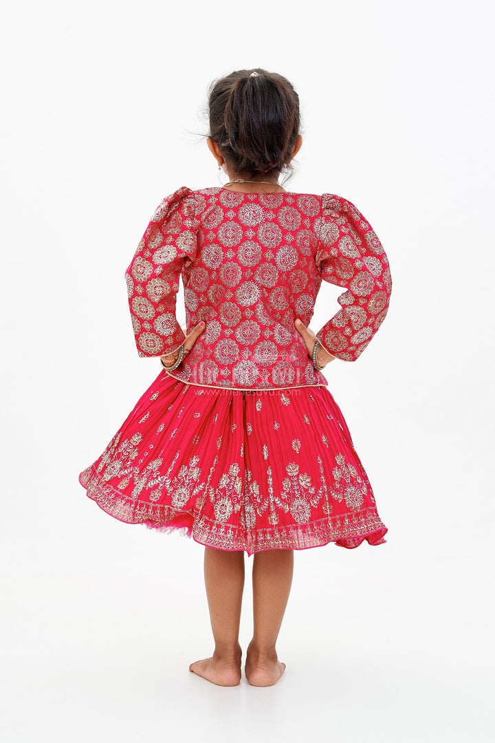 The Nesavu Silk Frock Vibrant Girls Red Silk Dress with Gold Foil Prints and Traditional Embroidery Nesavu Girls Red Silk Dress Gold Foil Prints Embroidered Yoke Festive Wear | The Nesavu