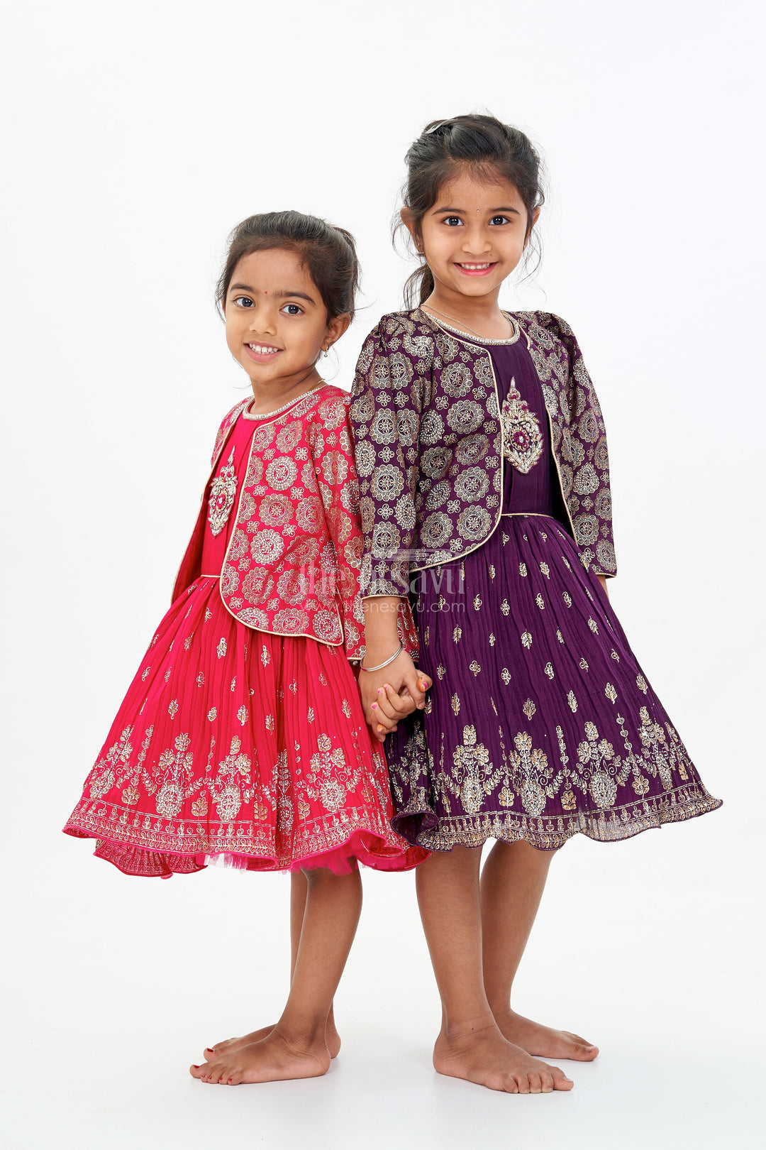 The Nesavu Silk Frock Vibrant Girls Red Silk Dress with Gold Foil Prints and Traditional Embroidery Nesavu Girls Red Silk Dress Gold Foil Prints Embroidered Yoke Festive Wear | The Nesavu