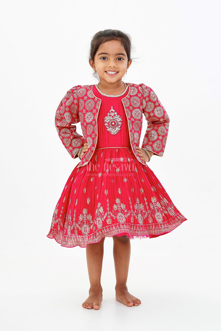 The Nesavu Silk Frock Vibrant Girls Red Silk Dress with Gold Foil Prints and Traditional Embroidery Nesavu Girls Red Silk Dress Gold Foil Prints Embroidered Yoke Festive Wear | The Nesavu