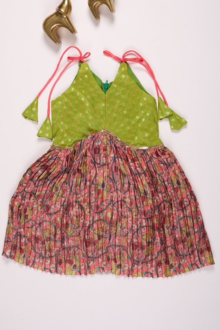 The Nesavu Tie-up Frock Vibrant Green and Floral Print Dress for Girls Nesavu 14 (6M) / Green / Style 2 T373C-14 Green and Maroon Pleated Chinon Designer Baby Frock with Tie-Up Straps - Elegant & Comfortable