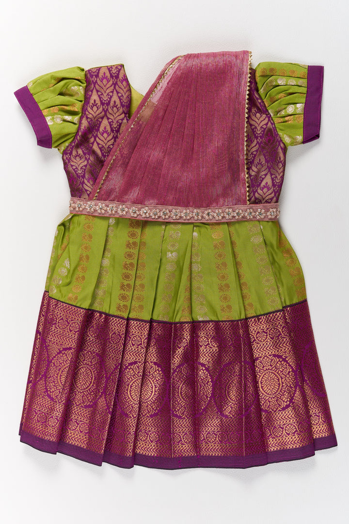 The Nesavu Girls Kanchi Silk Frock Vibrant Green and Maroon Infant Pattu Pavadai for Baby Girls with Zari Borders Nesavu 14 (6M) / Green / Style 1 SF844AA-14 Vibrant Green Maroon Infant Pattu Pavadai Baby Girls Zari Borders | The Nesavu