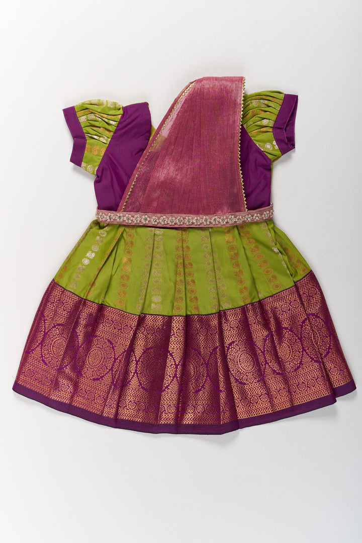 The Nesavu Girls Kanchi Silk Frock Vibrant Green and Maroon Infant Pattu Pavadai for Baby Girls with Zari Borders Nesavu 14 (6M) / Green / Style 3 SF844AC-14 Vibrant Green Maroon Infant Pattu Pavadai Baby Girls Zari Borders | The Nesavu