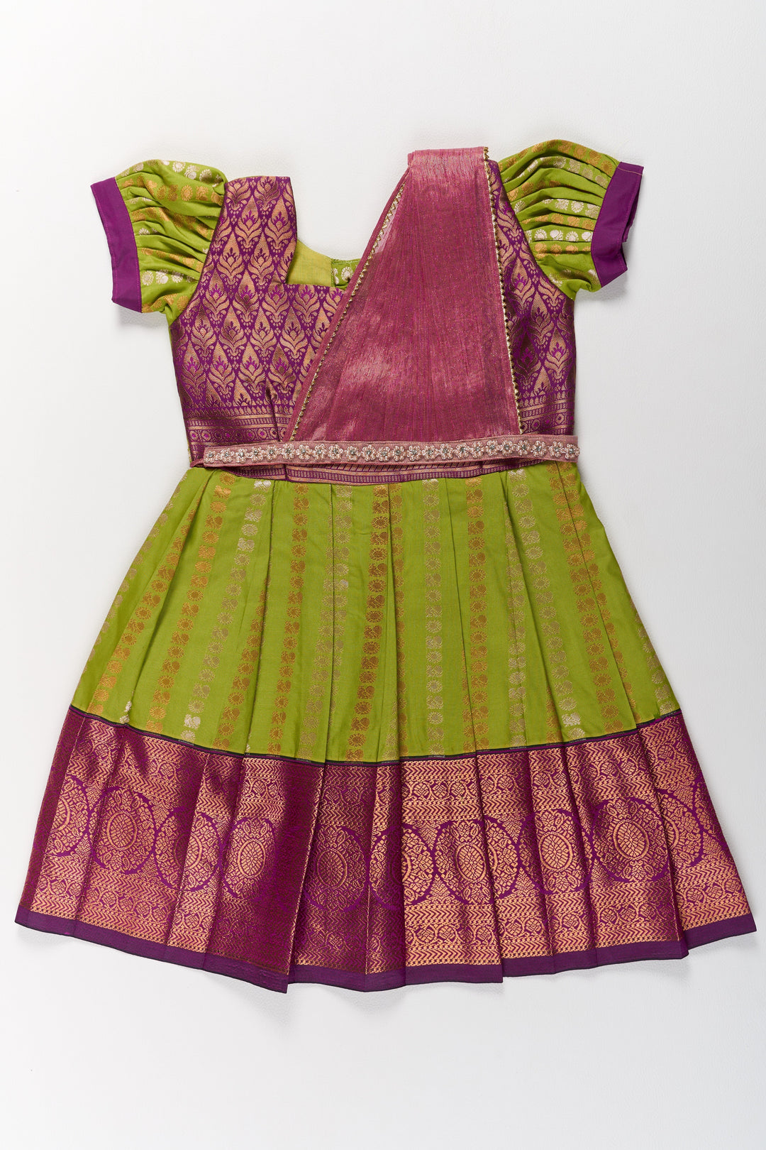 The Nesavu Girls Kanchi Silk Frock Vibrant Green and Maroon Infant Pattu Pavadai for Baby Girls with Zari Borders Nesavu 20 (3Y) / Green / Style 2 SF844AB-20 Vibrant Green Maroon Infant Pattu Pavadai Baby Girls Zari Borders | The Nesavu