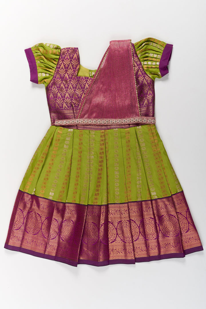 The Nesavu Girls Kanchi Silk Frock Vibrant Green and Maroon Infant Pattu Pavadai for Baby Girls with Zari Borders Nesavu 20 (3Y) / Green / Style 2 SF844AB-20 Vibrant Green Maroon Infant Pattu Pavadai Baby Girls Zari Borders | The Nesavu