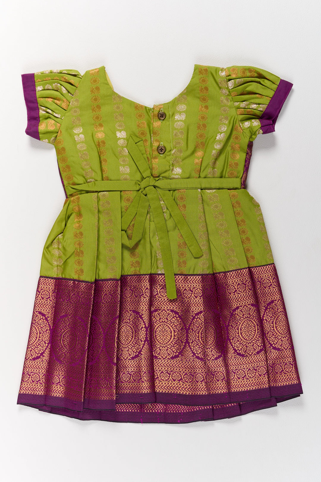 The Nesavu Girls Kanchi Silk Frock Vibrant Green and Maroon Infant Pattu Pavadai for Baby Girls with Zari Borders Nesavu Vibrant Green Maroon Infant Pattu Pavadai Baby Girls Zari Borders | The Nesavu