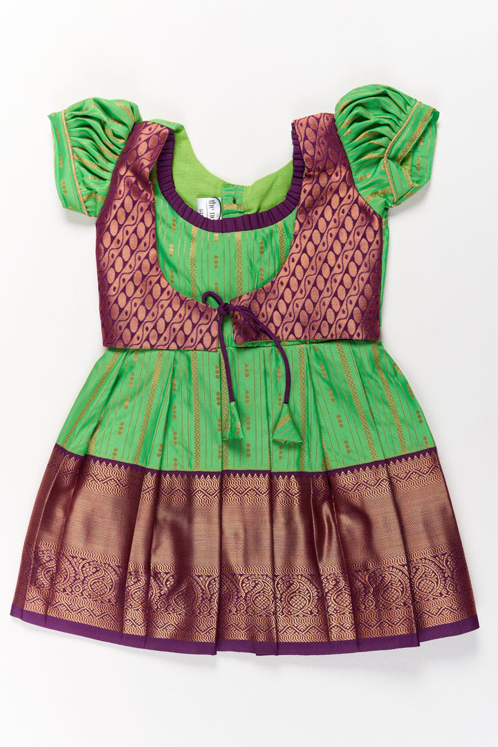 The Nesavu Girls Kanchi Silk Frock Vibrant Green and Maroon Pattu Pavadai Set for Girls with Traditional Zari Borders Nesavu 16 (1Y) / Green / Style 1 SF828AA-16 Vibrant Green Maroon Pattu Pavadai Set Girls Traditional Zari Borders | The Nesavu