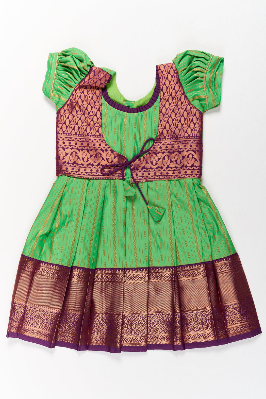 The Nesavu Girls Kanchi Silk Frock Vibrant Green and Maroon Pattu Pavadai Set for Girls with Traditional Zari Borders Nesavu 20 (3Y) / Green / Style 2 SF828AB-20 Vibrant Green Maroon Pattu Pavadai Set Girls Traditional Zari Borders | The Nesavu