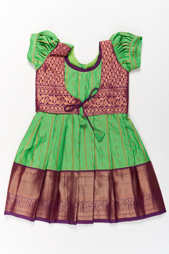 The Nesavu Girls Kanchi Silk Frock Vibrant Green and Maroon Pattu Pavadai Set for Girls with Traditional Zari Borders Nesavu 20 (3Y) / Green / Style 2 SF828AB-20 Vibrant Green Maroon Pattu Pavadai Set Girls Traditional Zari Borders | The Nesavu