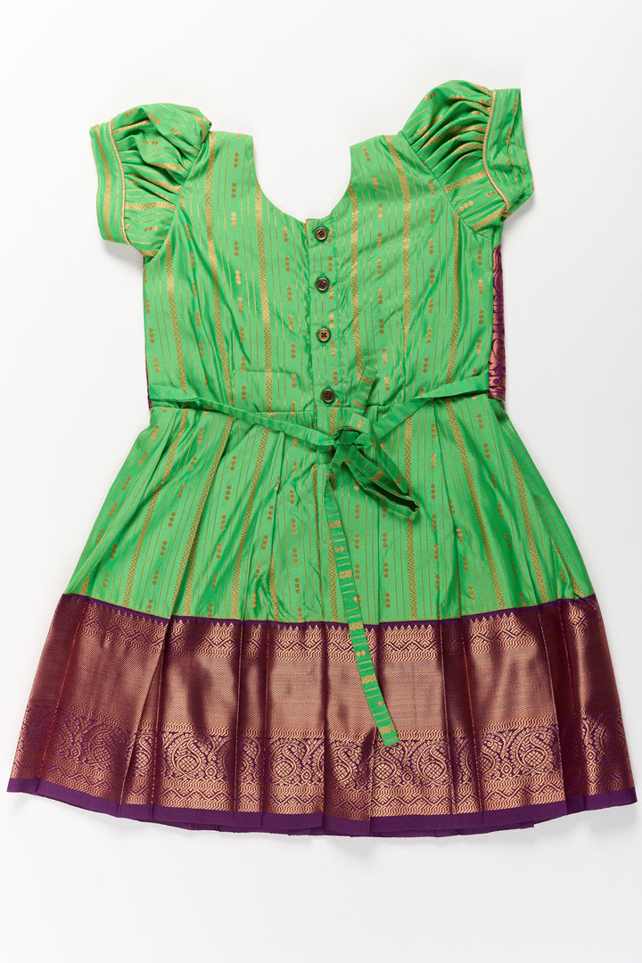 The Nesavu Girls Kanchi Silk Frock Vibrant Green and Maroon Pattu Pavadai Set for Girls with Traditional Zari Borders Nesavu Vibrant Green Maroon Pattu Pavadai Set Girls Traditional Zari Borders | The Nesavu