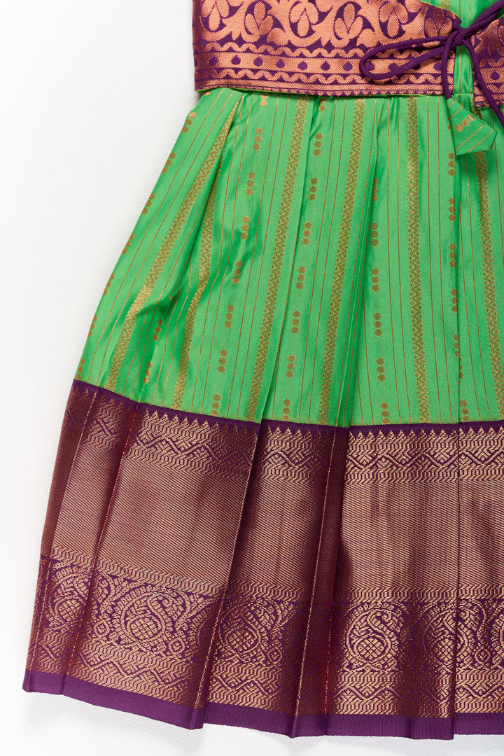 The Nesavu Girls Kanchi Silk Frock Vibrant Green and Maroon Pattu Pavadai Set for Girls with Traditional Zari Borders Nesavu Vibrant Green Maroon Pattu Pavadai Set Girls Traditional Zari Borders | The Nesavu