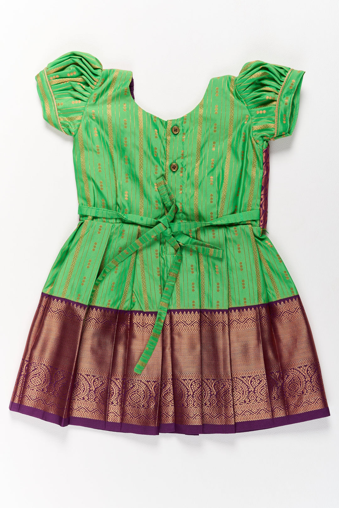 The Nesavu Girls Kanchi Silk Frock Vibrant Green and Maroon Pattu Pavadai Set for Girls with Traditional Zari Borders Nesavu Vibrant Green Maroon Pattu Pavadai Set Girls Traditional Zari Borders | The Nesavu