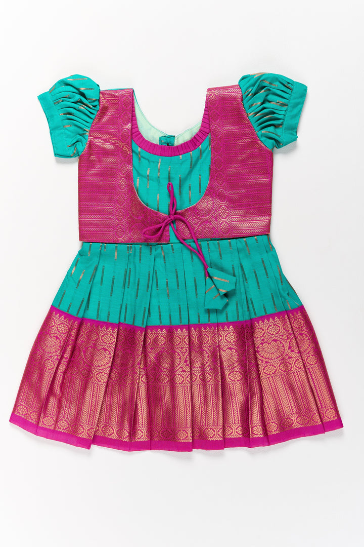 The Nesavu Girls Kanchi Silk Frock Vibrant Green and Red Pattu Pavadai for Girls with Traditional Zari Weaving Nesavu 16 (1Y) / Green / Style 3 SF831AC-16 Vibrant Green Red Pattu Pavadai Girls Traditional Zari Weaving | The Nesavu