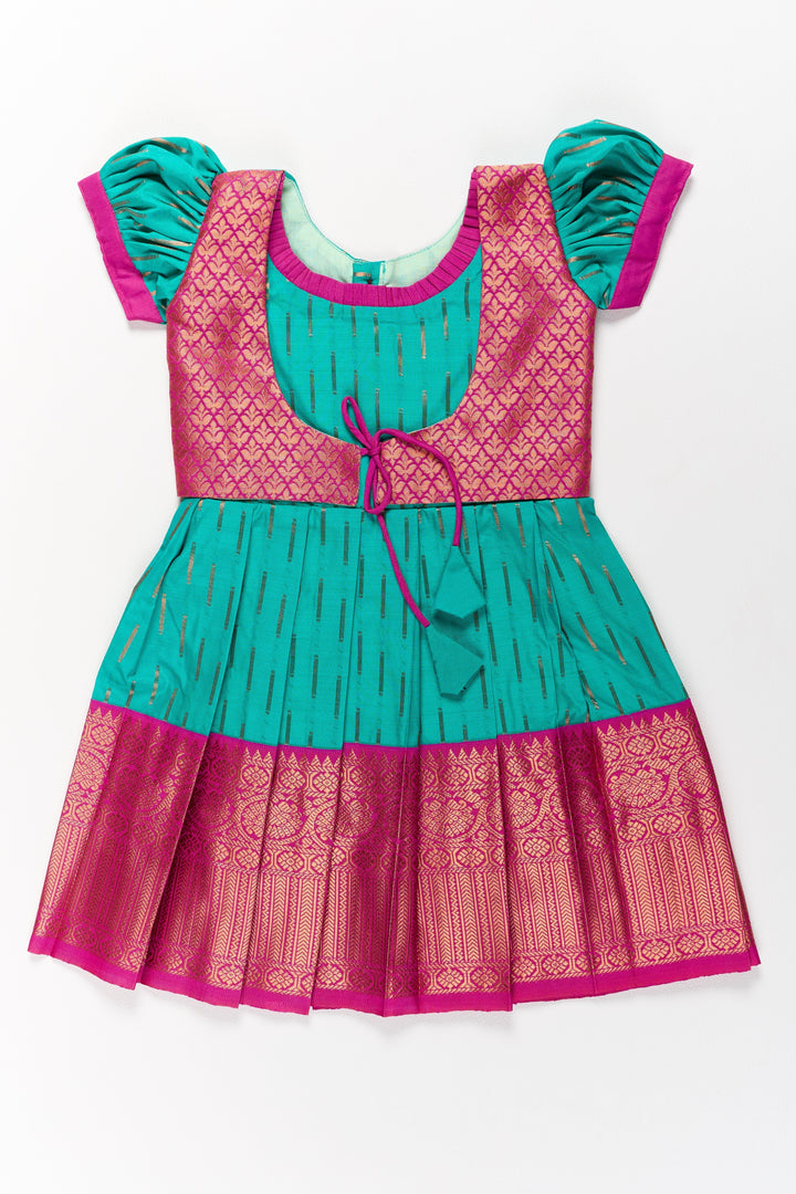 The Nesavu Girls Kanchi Silk Frock Vibrant Green and Red Pattu Pavadai for Girls with Traditional Zari Weaving Nesavu 18 (2Y) / Green / Style 4 SF831AD-18 Vibrant Green Red Pattu Pavadai Girls Traditional Zari Weaving | The Nesavu