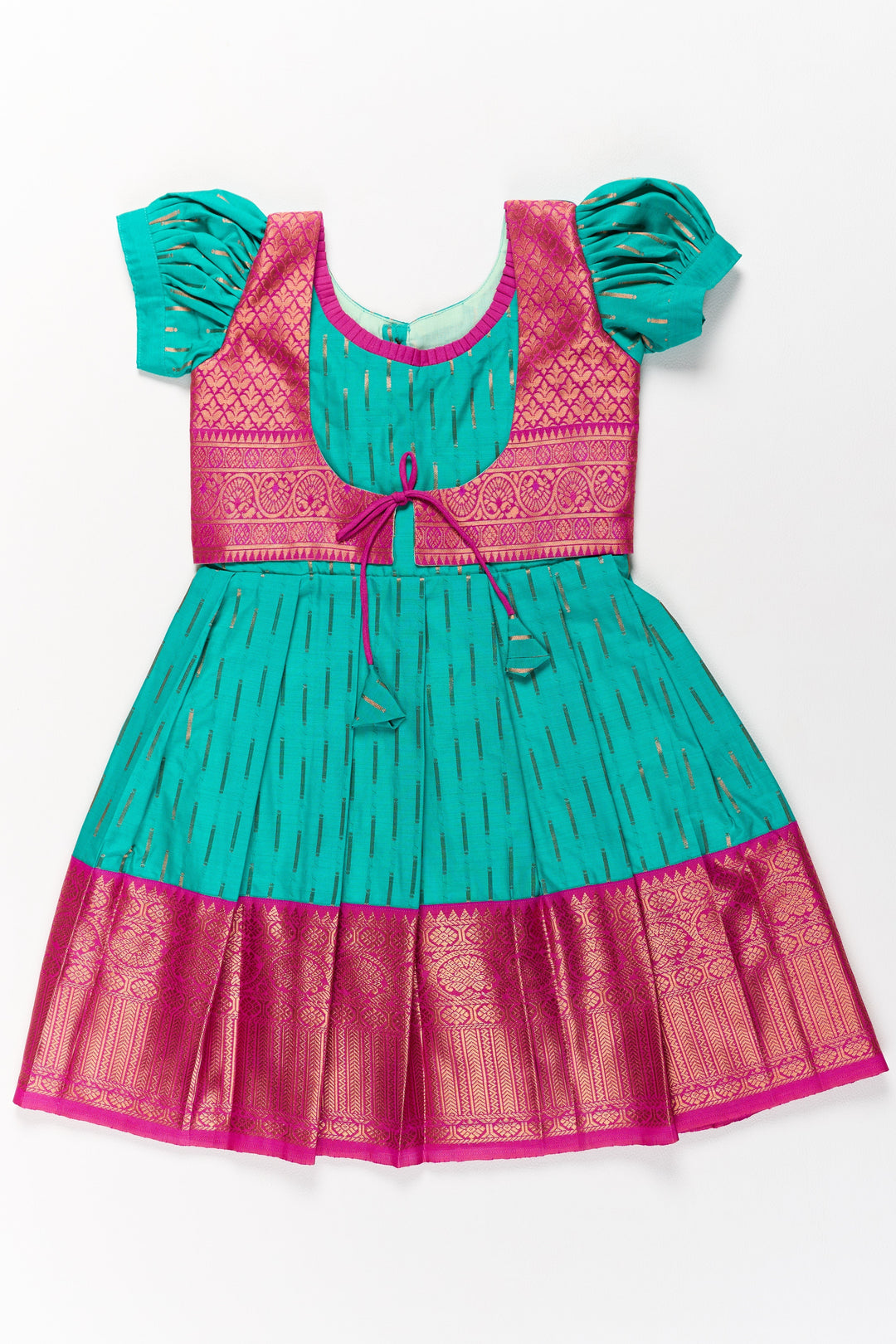 The Nesavu Girls Kanchi Silk Frock Vibrant Green and Red Pattu Pavadai for Girls with Traditional Zari Weaving Nesavu 20 (3Y) / Green / Style 2 SF831AB-20 Vibrant Green Red Pattu Pavadai Girls Traditional Zari Weaving | The Nesavu