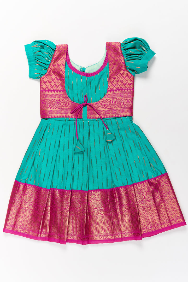 The Nesavu Girls Kanchi Silk Frock Vibrant Green and Red Pattu Pavadai for Girls with Traditional Zari Weaving Nesavu 20 (3Y) / Green / Style 2 SF831AB-20 Vibrant Green Red Pattu Pavadai Girls Traditional Zari Weaving | The Nesavu