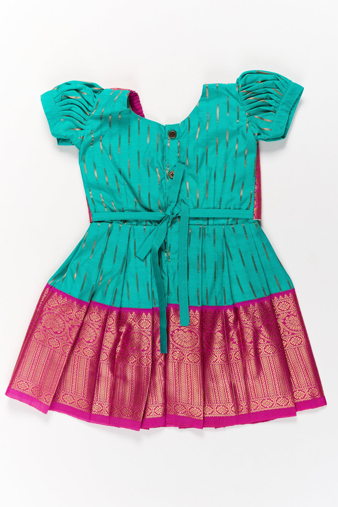 The Nesavu Girls Kanchi Silk Frock Vibrant Green and Red Pattu Pavadai for Girls with Traditional Zari Weaving Nesavu Vibrant Green Red Pattu Pavadai Girls Traditional Zari Weaving | The Nesavu