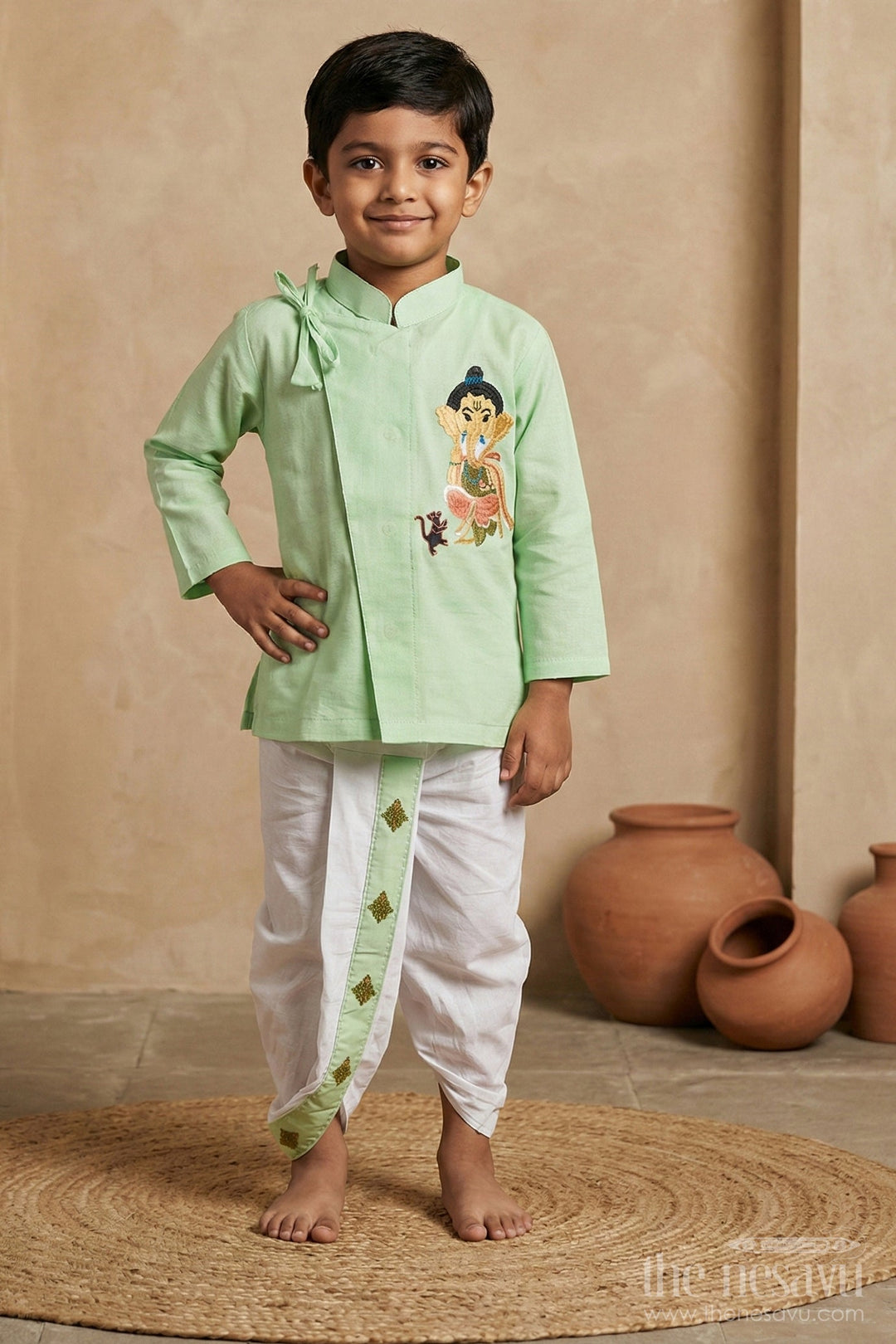 The Nesavu Boys Dothi Set Vibrant Green Ganesh Chaturthi Baby Kurtha with Dothi Pant Set Nesavu 12 (3M) / Green BES555B-12 Vibrant Green Ganesh Chaturthi Baby Kurtha with Dothi Pant Set - Festive Outfit | The Nesavu