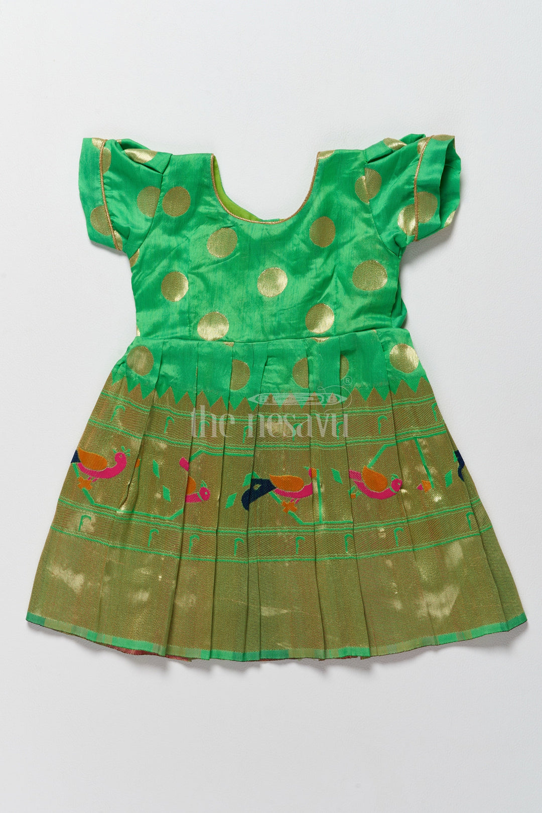 The Nesavu Silk Frock Vibrant Green New Model Frock for Girls with Golden Jacquard and Puff Sleeves Nesavu 14 (6M) / Green / Style 1 SF951A-14 Nesavus Vibrant Green New Model Frock Golden Jacquard Girls