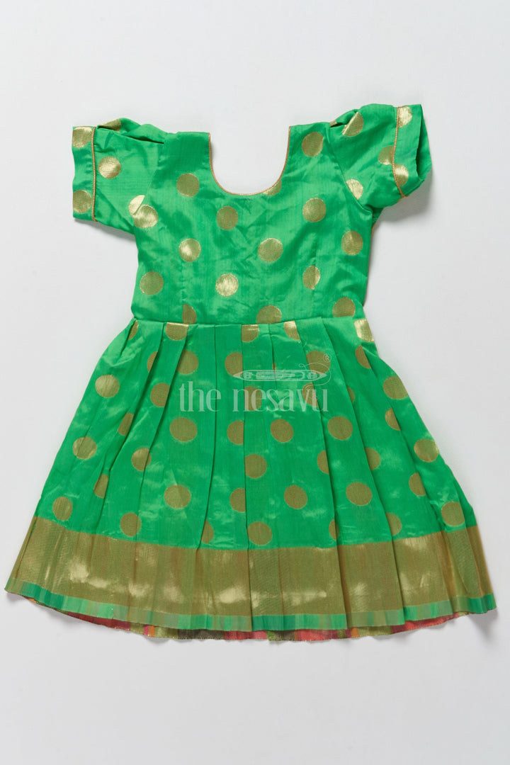 The Nesavu Silk Frock Vibrant Green New Model Frock for Girls with Golden Jacquard and Puff Sleeves Nesavu 20 (3Y) / Green / Style 2 SF951B-20 Nesavus Vibrant Green New Model Frock Golden Jacquard Girls